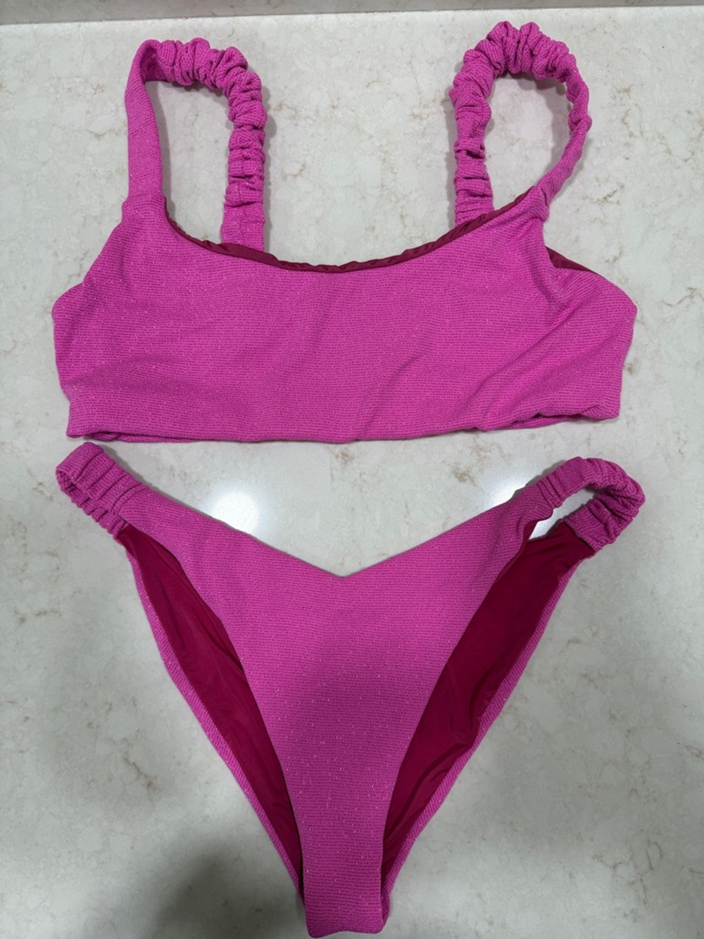 Beach Riot Hot Pink Sparkle Scrunch Strap Bikini Set